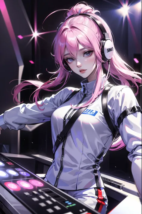 tmasterpiece,Need,supene,Semi-realistic，Man in white top and headphones playing DJ suit, dj set, dj sura, sport outfit, headphones dj rave, jia, shaxi, with headphone, dj at a , jaeyeon nam, dj rave , kda, trending at cgstation,