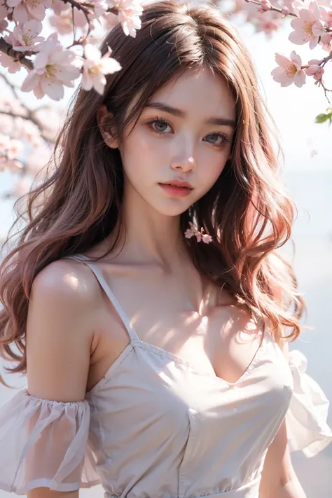 light pink hair, pink eyes, pink and white, cherry blossom leaves, Bright colors, white dress, paint splashes, simple background, ray tracing, wavy hair，Paint it like a cherry blossom，Background of cherry blossoms