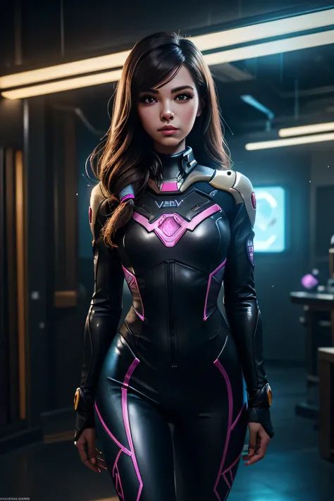 1girl, D.va , overwatch, reflective, glistening skin, studio, super detailed, HD, visible pores, perfect hair, very detailed hair, perfect, very beautiful, a hyper realistic, masterpiece, highly detailed, cinematic lighting, ray tracing, cinematic composit...