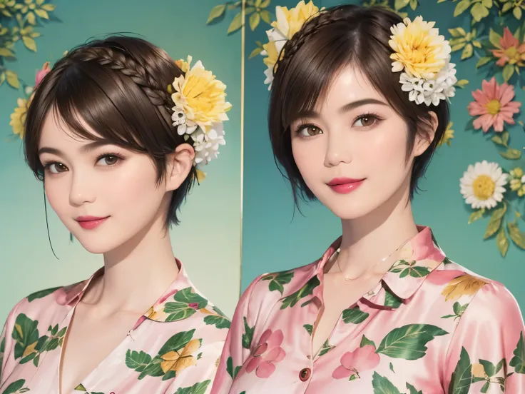 149
(20 year old woman,floral print outfit,pants), (Super realistic), (high resolution), ((beautiful hairstyle 46)), ((short hair:1.46)), (gentle smile), (brest:1.1), (lipstick)
