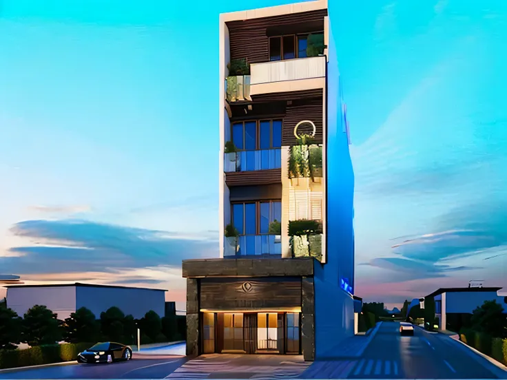 rendering of a tall building with a balcony and a balcony, modern lush condo as shopfront, mid-view, front elevation view, frontview, front-view, complete house, elevation view, 3d model, 3 d model, architectural concept, building facing, realistic buildin...