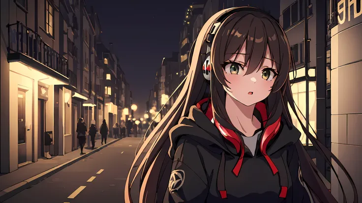 (a girl at the city at night wearing a hoodie and headphones walking at the streets),(best quality,4k,highres:1.2),ultra-detaile...