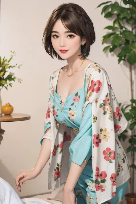 149
(20 year old woman,floral print outfit,pants), (Super realistic), (high resolution), ((beautiful hairstyle 46)), ((short hair:1.46)), (gentle smile), (brest:1.1), (lipstick)
