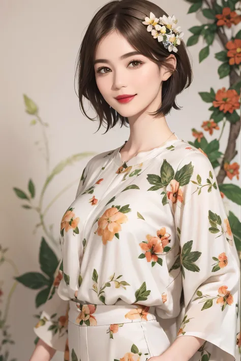 149
(20 year old woman,floral print outfit,pants), (Super realistic), (high resolution), ((beautiful hairstyle 46)), ((short hair:1.46)), (gentle smile), (brest:1.1), (lipstick)
