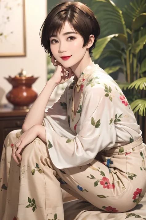 149
(20 year old woman,floral print outfit,pants), (Super realistic), (high resolution), ((beautiful hairstyle 46)), ((short hair:1.46)), (gentle smile), (brest:1.1), (lipstick)
