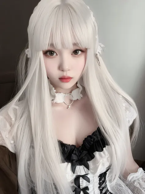 girl wearing black lolita dress，white hair，fluffy hair,have bangs，white long straight hair