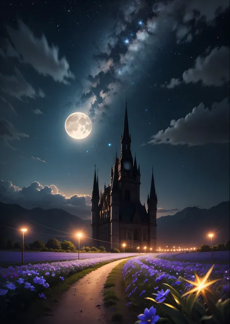 beautiful dark night,sky full of stars, beautiful blue flower field,landscape, A beautiful moon full of,Ultra-realistic 8K quality,