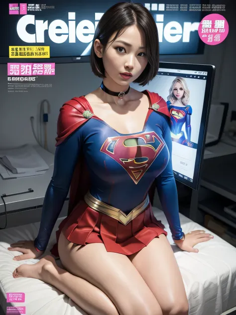 masterpiece,supergirl costume, short hair, barefoot, big and full breasts,operating room、operating table、straddle、damaged、shiny、look at the camera、provocation、Estrus、choker、Weekly magazine cover、long sleeve、super mini skirt、Cheerful pose