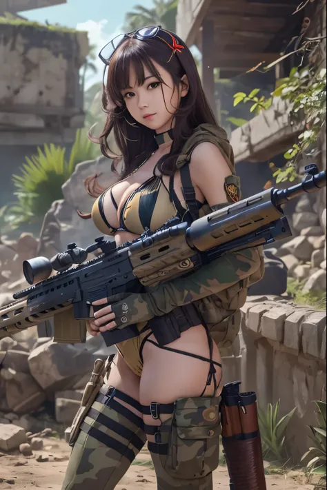 top 1girl wearing bikini ,Gatling gun, shell casing, looking at viewer, bangs, ammunition belt, gloves,large breasts, holding a heavy sniper rifle in her hand