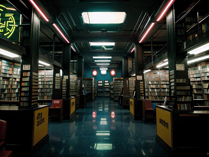 Many neon books in a library in cyberpunk style