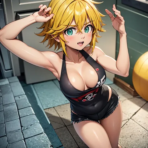 meliodas female version with medium breasts wearing short shorts and a black tank top((qualidade ultra 4k