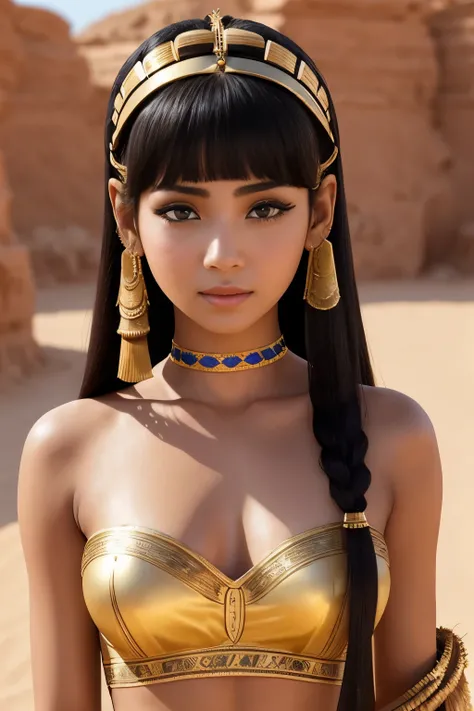 Cleopatras clothes、There are many areas where the skin is exposed、Erotic、cute、hairstyle short、skin color is light brown、Desert background