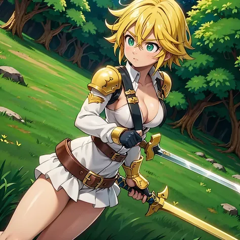 meliodas in female version with medium breasts holding a sword in her hand, ultra 4k quality