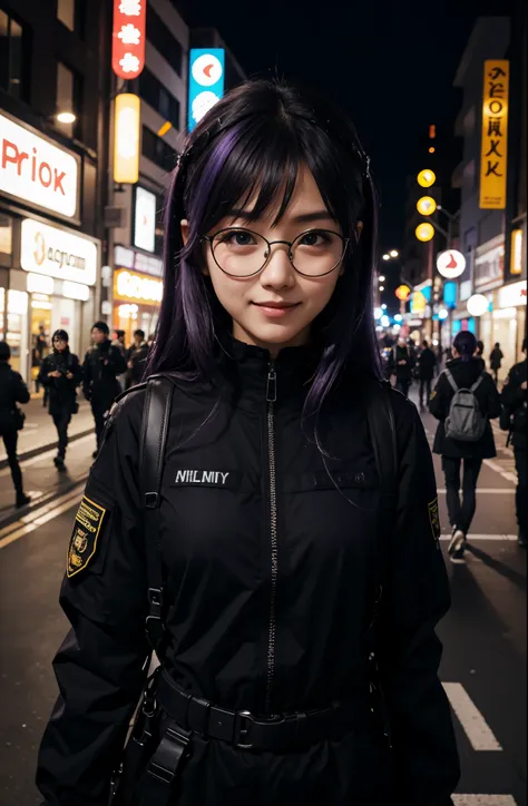 one cute japanese girl with purple hair and blue eyes with black glasses wearing black military tactical gear outside the city b...