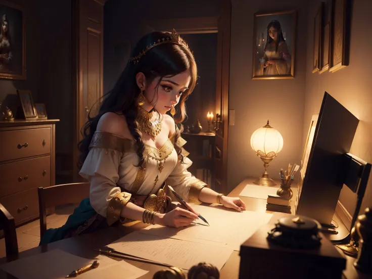 A beautiful ancient Babylonian princess searches for stationery in her room at night, (Masterpiece, Best Quality, Highres:1.4), Detailed, Intricate Details, 4K ,((sfw)),