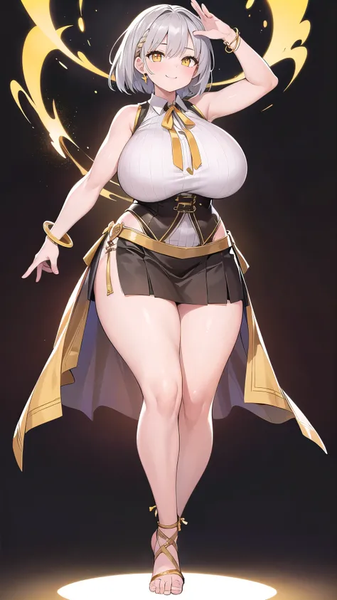 1 girl, game CG, brown sleeveless shirt, short slit skirt, neck ribbon, gold bangles, (gigantic breasts:1.2), silver hair, short hair, french braid, yellow eyes, (single color background:1.1), full body, toe , standing, dynamic, smile,