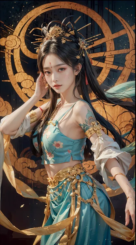 tmasterpiece, Traditional chinese painting, 1个Giant Breast Girl, long whitr hair, looking at viewert,dances,Perfect facial features, Titillating, O spirit, drak, dunhuang_style, dunhuang_cloths, UHD Dragon Horn, The dragon is flying, 4k, Best quality at be...