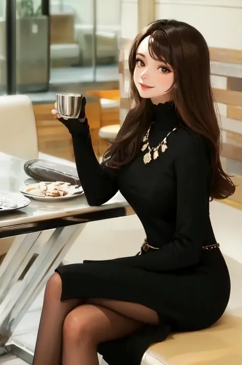 1lady sitting, (stylish outfit), mature female, /(dark brown hair/) bangs, light smile, (masterpiece best quality:1.2) delicate illustration ultra-detailed, large breasts BREAK (fashionable cafe) indoors, detailed background