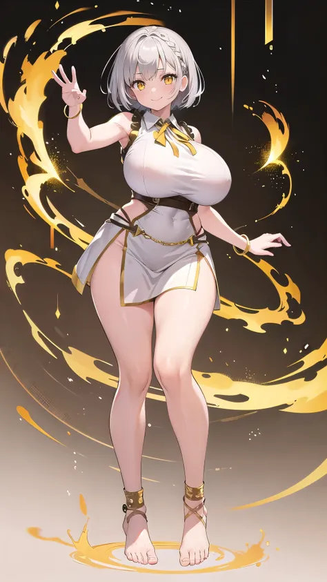 1 girl, game CG, brown sleeveless shirt, short slit skirt, neck ribbon, gold bangles, (gigantic breasts:1.2), silver hair, short hair, french braid, yellow eyes, (single color background:1.1), full body, toe , standing, dynamic, smile,