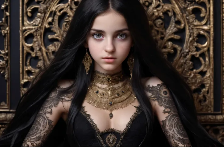 full body shot. a ultra real full body shot photo of 18 years old woman, black eyes. long black hair on covering her body At the background a ultra close up macro details, ultra contrast, of ultra dark decor. Intricate details of her beautiful eyes and per...