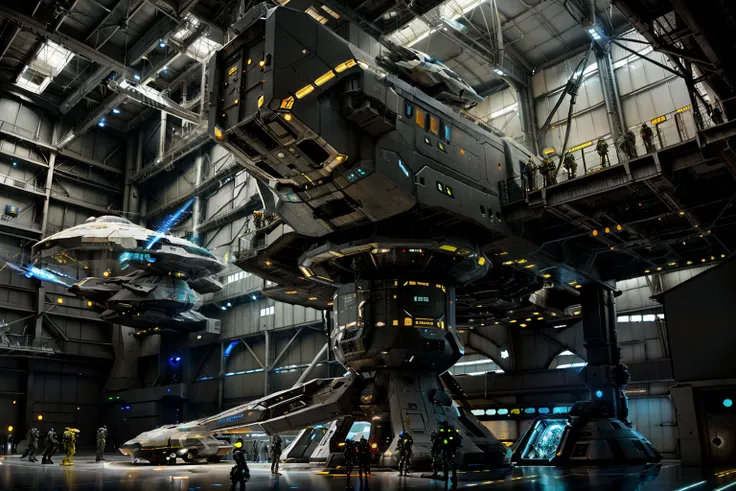 spaceships in a sci - fi environment with people standing around, detailed sci-fi art, in a sci-fi shipping port, spaceship hangar, sci-fi digital painting, sci fi digital painting, scifi scene, industrial humanity spaceship, scifi art, scifi concept art, ...