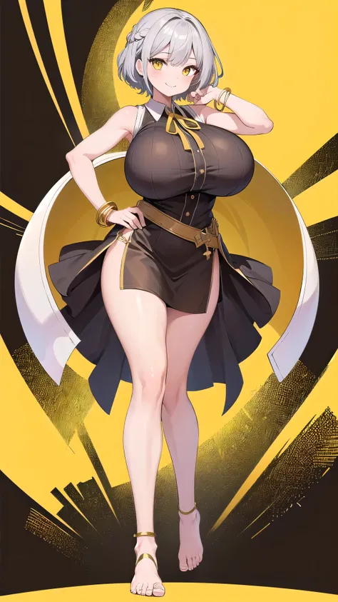 1 girl, game CG, brown sleeveless shirt, short slit skirt, neck ribbon, gold bangles, (gigantic breasts:1.2), silver hair, short hair, french braid, yellow eyes, (single color background:1.1), full body, toe , standing, dynamic, smile,