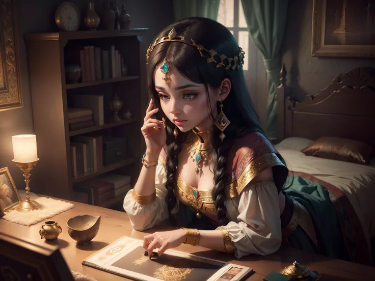 A beautiful ancient Babylonian princess searches for tablet computer in her babylonian room at night, (Masterpiece, Best Quality, Highres:1.4), Detailed, Intricate Details, 4K ,((sfw)),