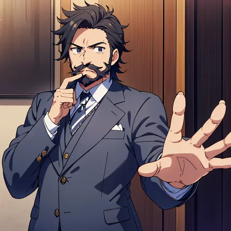 Please give anime pict a man with a mustache and beard, wearing a gray suit