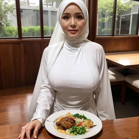 49 Years Old, Beautiful Hijab Indonesian Mature woman, (Droopiest Lowest Longest Gigantic Mature Tits), Gamis, white Body , lewd body, at restaurant, Nikon D7000, 64K HDR Photo