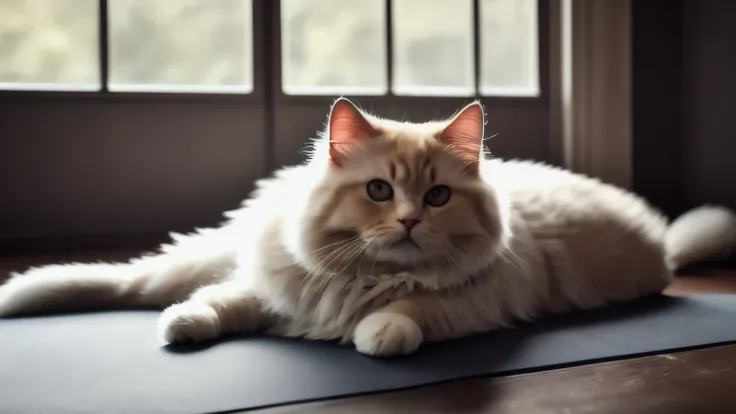 hyper ultra realistic photographs full body of Picture a fluffy Persian cat attempting to channel inner peace during a yoga session. His body contorts into improbable positions, his tail swishing wildly, and his eyes widen in surprise as he inevitably topp...