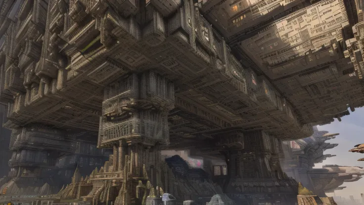 there is a very large building made of many different types of buildings, big and structured valhalla city, buildings covered with greebles, background of digital greebles, greeble!!, greeble, mandelbulb 3 d buildings, fractal buildings, greeble detail, ma...