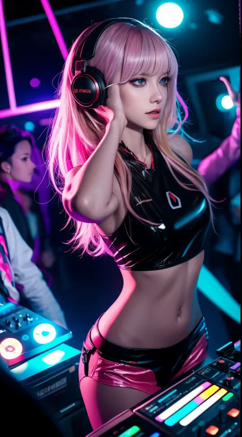 the upper part of the body, female dj, colorful clothes , perfect and beautiful facial features, vibrant appearance, sexy access...