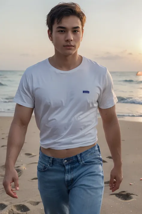 a man french with round face delicate face teen with a little bit Asian eyes round eyes , white t-shirt and jeans , muscles fit , walking on the beach with sunset