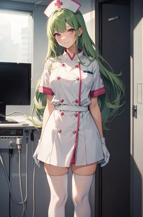 1 female, alone, nurse, nurse cap, Whiteware, ((white legwear, zettai ryouiki)), white gloves, amount, long hair, green hair, pink eyes, pink lips, smile, Are standing, ((hospital room)), sharp outline, short sleeve, mature woman, 35 years old, highest qua...