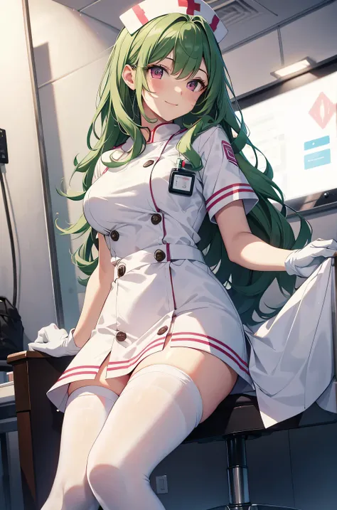 1 female, alone, nurse, nurse cap, Whiteware, ((white legwear, zettai ryouiki)), white gloves, amount, long hair, green hair, pink eyes, pink lips, smile, Are standing, ((hospital room)), sharp outline, short sleeve, mature woman, 35 years old, highest qua...