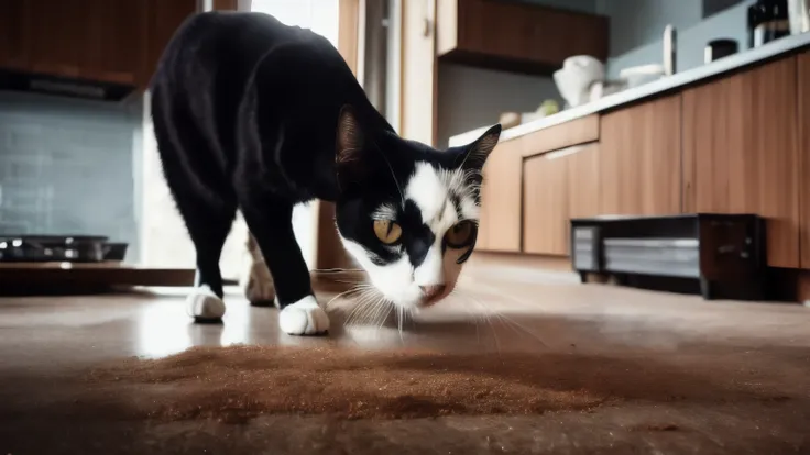 hyper ultra realistic photographs full body of A sneaky black cat, a master of stealthy operations, plots his next heist. His target: a plate of freshly baked cookies cooling on the counter. With cunning precision, he scales the cabinets, tiptoes across th...