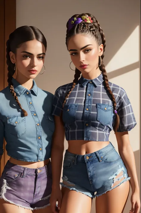 ((Realistic lighting, Best quality, 8K, Masterpiece: 1.3)), Clear focus: 1.2, Two Women, Perfect Figures: 1.4, Slim Abs: 1.1, ((Dutch Braids Hairstyles)), (checkered shirt crop tops and high-waisted denim shorts: 1.4), Super fine faces, Fine eyes with doub...