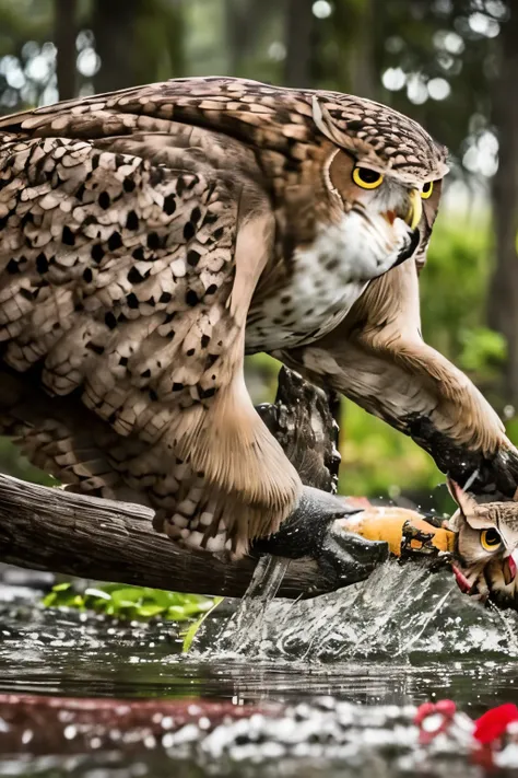 The owl caught a mouse，Fly over the water，inverted image，Sharp focus，Bokeh，depth of fields，Works of masters，super-fine，Hyper-realistic，8K，Best picture quality，Detailed description