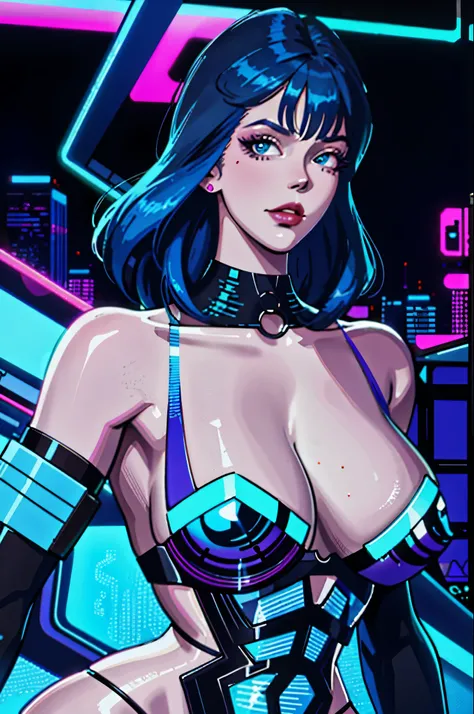 a digital painting of a woman with blue hair, cyberpunk art by Josan Gonzalez, behance contest winner, afrofuturism, synthwave, neon, glowing neon