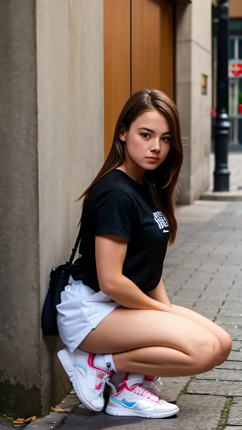 highest quality, detailed background, Girl squatting, ,Euro_street, random_wear,