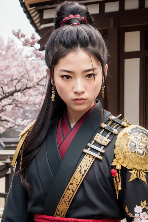 Incomparable masterpiece, perfect artwork, proud Samurai warrior, traditional armor, katana sword in hand, long black hair tied in a topknot, noble facial features, fierce expression, authentic Japanese setting, cherry blossoms in background, (realistic: 1...