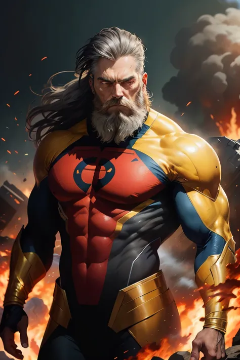 produce an image of a superhero flying around an explosion site , he is old and rugged , his hair and beard are grey , his beard is braided , he has a stoic look on his face , his superhero suit consists of only red and black colours, only red and black no...