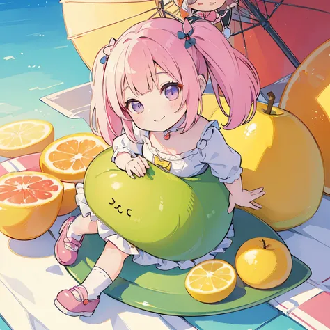 (photorealistic:1.37)、octane rendering、Chibi girl doll in the center of a fruit platter、Girl has twin tail hairstyle and smiles、Bright colors、soft sunlight、playful atmosphere、peaceful environment、detailed texture、Bright colors、cute shoes with accessories、H...