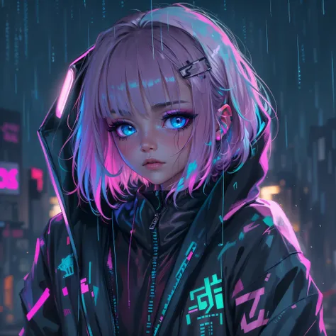 cyberpunk girl, blue eyes, black eyeshadow, pink eyeliner, short hair, pop haircut, rainy, jacket, neon light, sad, hoodie