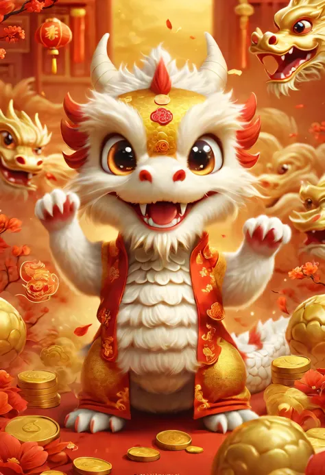 illustration style art。poster design:Chinese New Year is here,Cute little Chinese dragon so happy,Hairy little paws。Wow...There are many gold coins in the air。symmetry。Chinese element background blur,