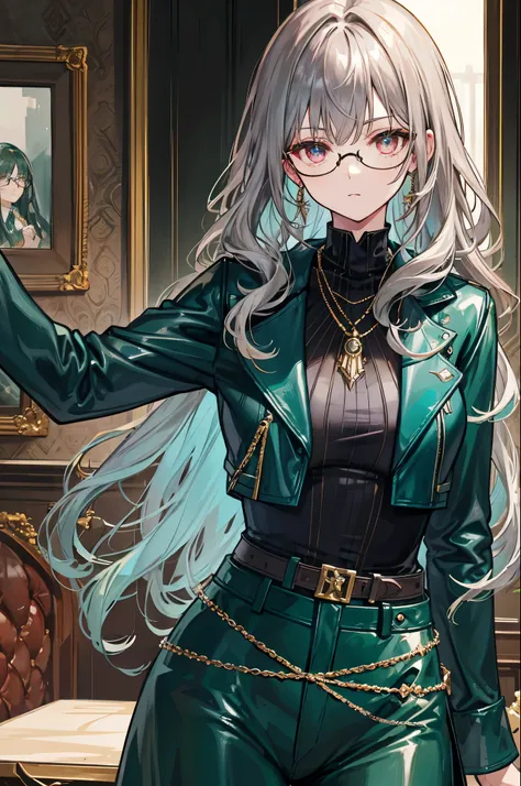 dark green curly long hair，Gold framed glasses，blue leather clothes，Silver necklace，scarlet eyes，Face is dark