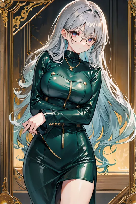 dark green curly long hair，Gold framed glasses，blue leather clothes，Silver necklace，scarlet eyes，Face is dark