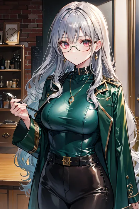 dark green curly long hair，Gold framed glasses，blue leather clothes，Silver necklace，scarlet eyes，Face is dark