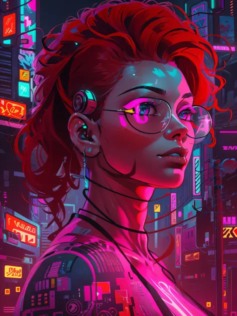 a digital painting of a woman with red hair, cyberpunk art by Josan Gonzalez, behance contest winner, afrofuturism, synthwave, neon, glowing neon