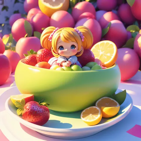 (photorealistic:1.37)、octane rendering、Chibi girl doll in the center of a fruit platter、Girl has twin tail hairstyle and smiles、Bright colors、soft sunlight、playful atmosphere、peaceful environment、detailed texture、Bright colors、cute shoes with accessories、H...